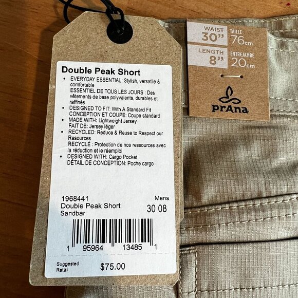 prAna Mens Standard Double Peak Hiking Cargo Short 30"W 8"Length in Sandbar - Picture 7 of 8